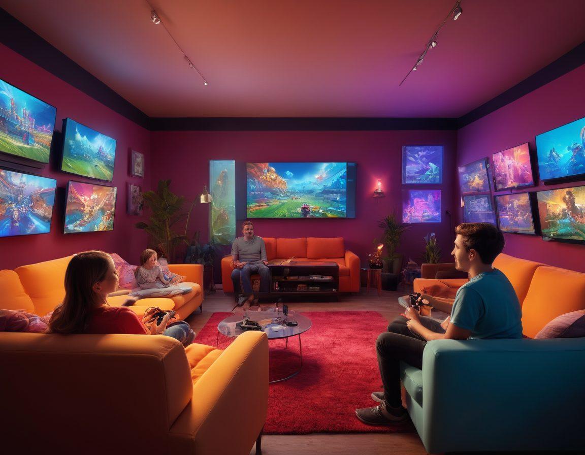 A lively living room filled with people of different ages immersed in interactive gaming simulators, with vibrant screens glowing and showing colorful game interfaces. Include various gaming accessories scattered around, and expressions of joy and excitement on players' faces. The atmosphere should be bright and inviting, showcasing the blend of technology and happiness. surreal art. vibrant colors. dynamic composition.