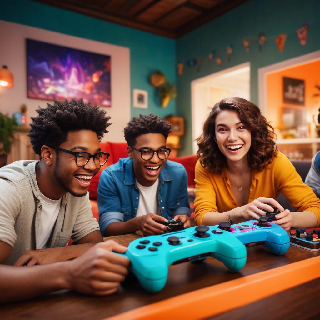 A vibrant scene of a group of diverse friends joyfully gathered around a retro gaming console, surrounded by colorful game controllers and joyful expressions. In the background, virtual landscapes from different classic games emerge, blending seamlessly with the real world, enhancing the playful atmosphere. The setting is bright and cheerful, filled with soft lighting and playful elements. super-realistic. vibrant colors. dynamic composition.